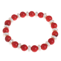 Natural Coral Bracelets, with South Sea Shell, Round, red, 9mm Approx 7 Inch 
