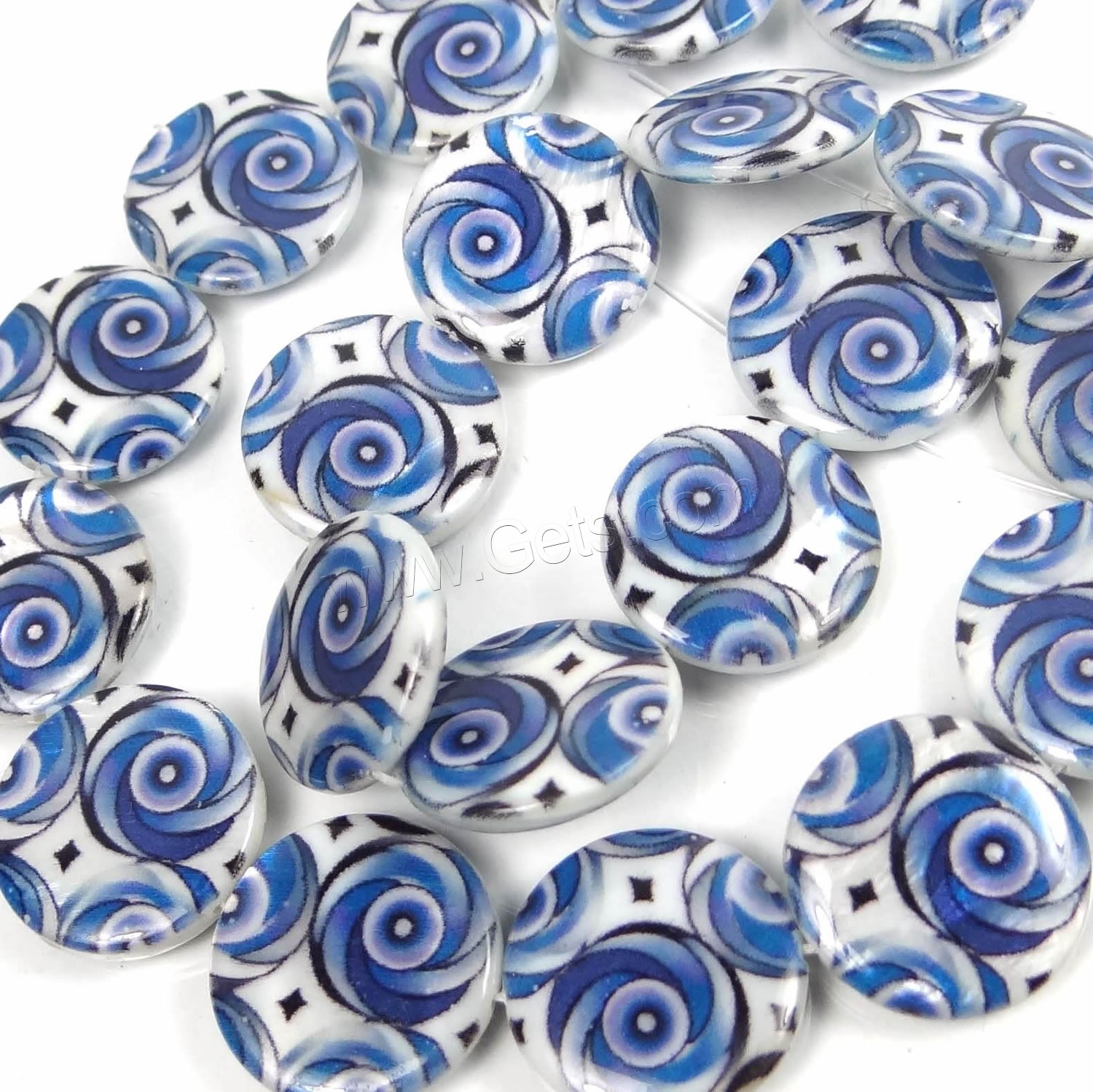 Impression fantaisie perles de coquillage, coquille, pièce de monnaie, normes différentes pour le choix & double face, bleu, Trou:Environ 1mm, Longueur:Environ 15 pouce, Vendu par brin