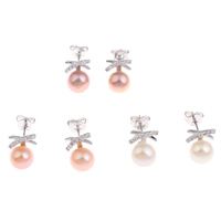 Freshwater Pearl Stud Earring, brass post pin, Potato, platinum color plated, natural & micro pave cubic zirconia 6-7mm  