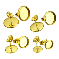 Stainless Steel Earring Stud Component, Flat Round, gold color plated 