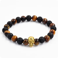 Lava Bead Bracelet, with Tiger Eye & Zinc Alloy, Skull, antique gold color plated, natural & Unisex, 8mm Approx 7.5 Inch 