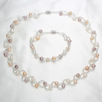 Natural Freshwater Pearl Jewelry Sets, bracelet & necklace, with Glass Seed Beads, brass magnetic clasp, Potato, 5-6mm Approx 6.5 Inch, Approx  17 Inch 