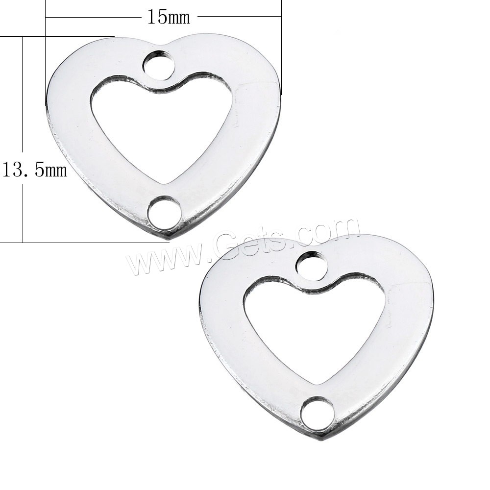 Stainless Steel Charm Connector, Heart, Customized & 1/1 loop, original color, 15x13.5x1.5mm, Hole:Approx 1.5mm, Sold By PC