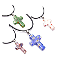 Murano Millefiori Lampwork Necklace, with rubber cord & Brass, Cross, platinum color plated, for woman 1.5mm Approx 18 Inch 