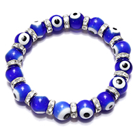 Evil Eye Lampwork Bracelets, with rhinestone brass spacer, platinum color plated, Islamic jewelry & for woman, blue, 9.5mm Approx 8.5 Inch 