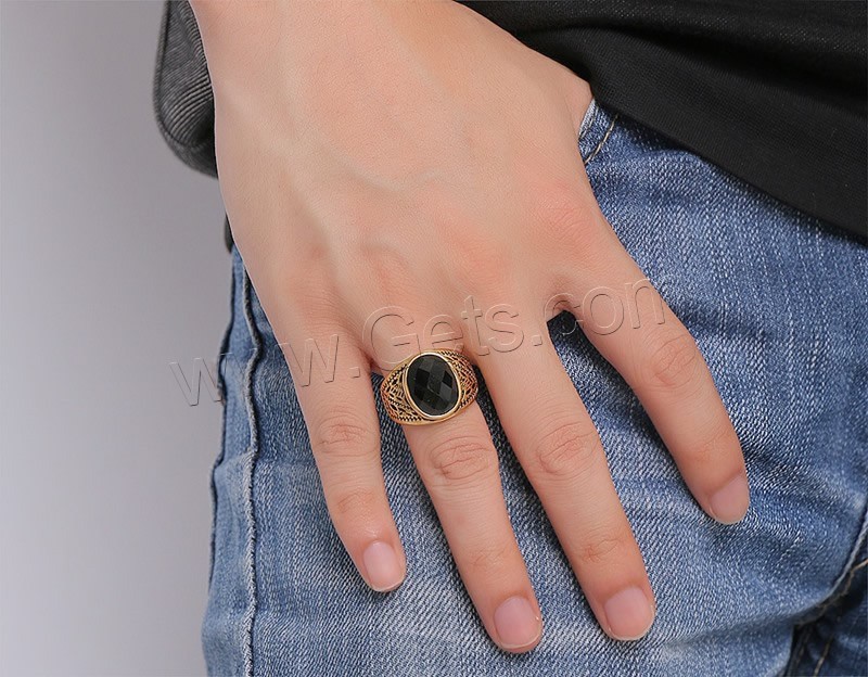 Кольцо из черного агата, нержавеющая сталь, с Черный агат, плакированный настоящим золотом, природный & разный размер для выбора & Мужский & граненый & чернеют, 18mm, продается PC
