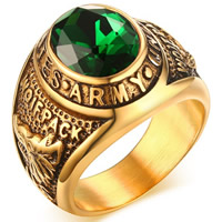 Men Stainless Steel Ring in Bulk, with Crystal, real gold plated & with letter pattern & for man & faceted & blacken, 19mm 