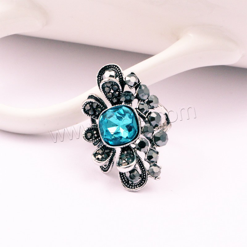 Crystal Zinc Alloy Finger Ring, with Crystal, Flower, antique silver color plated, different size for choice & for woman & with rhinestone, more colors for choice, 22x36mm, Sold By PC