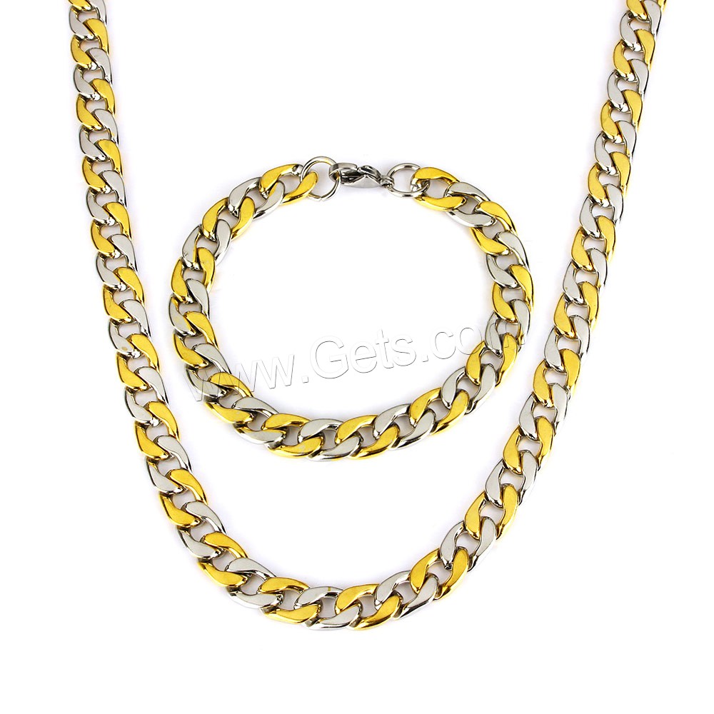 Refine Stainless Steel Jewelry Sets, bracelet & necklace, plated, different size for choice & curb chain & two tone, Length:Approx 24 Inch, Approx 8 Inch, Sold By Set