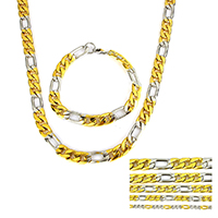 Refine Stainless Steel Jewelry Sets, bracelet & necklace, plated & figaro chain & two tone Approx 24 Inch, Approx 8 Inch 