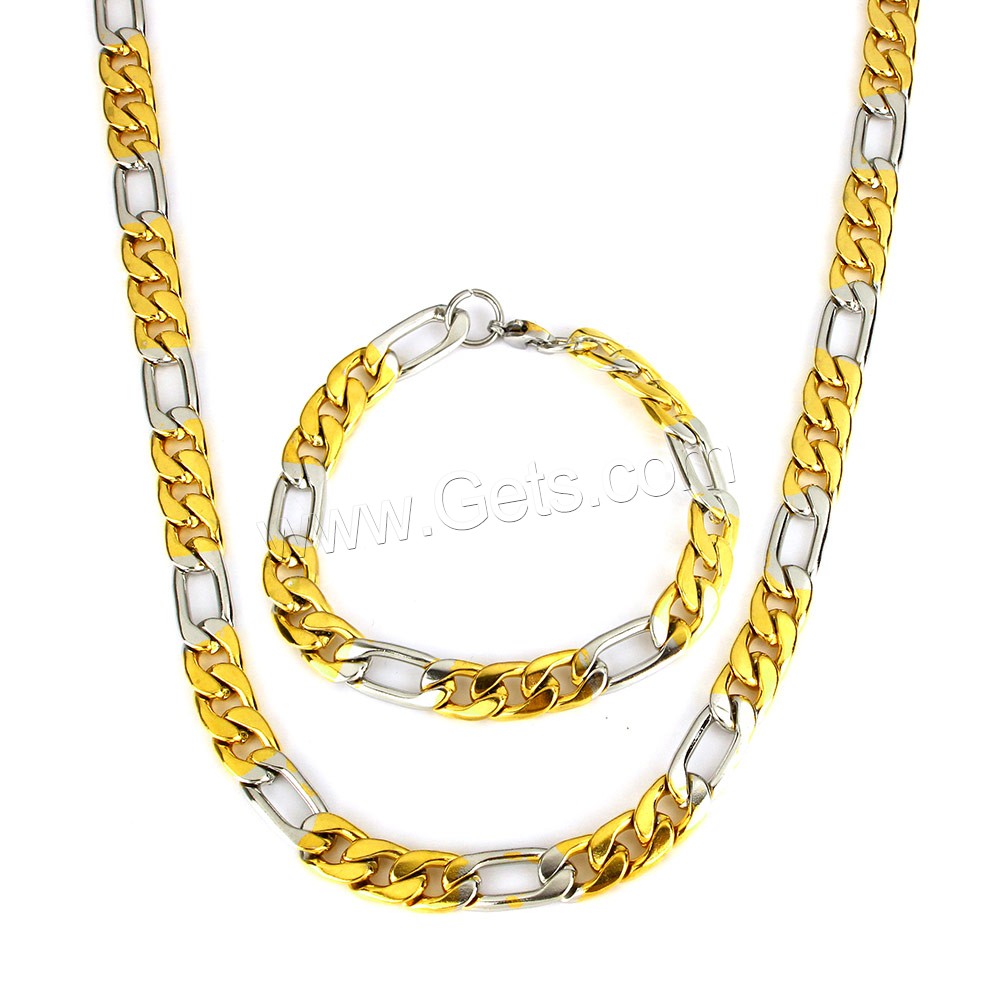 Refine Stainless Steel Jewelry Sets, bracelet & necklace, plated, different size for choice & figaro chain & two tone, Length:Approx 24 Inch, Approx 8 Inch, Sold By Set
