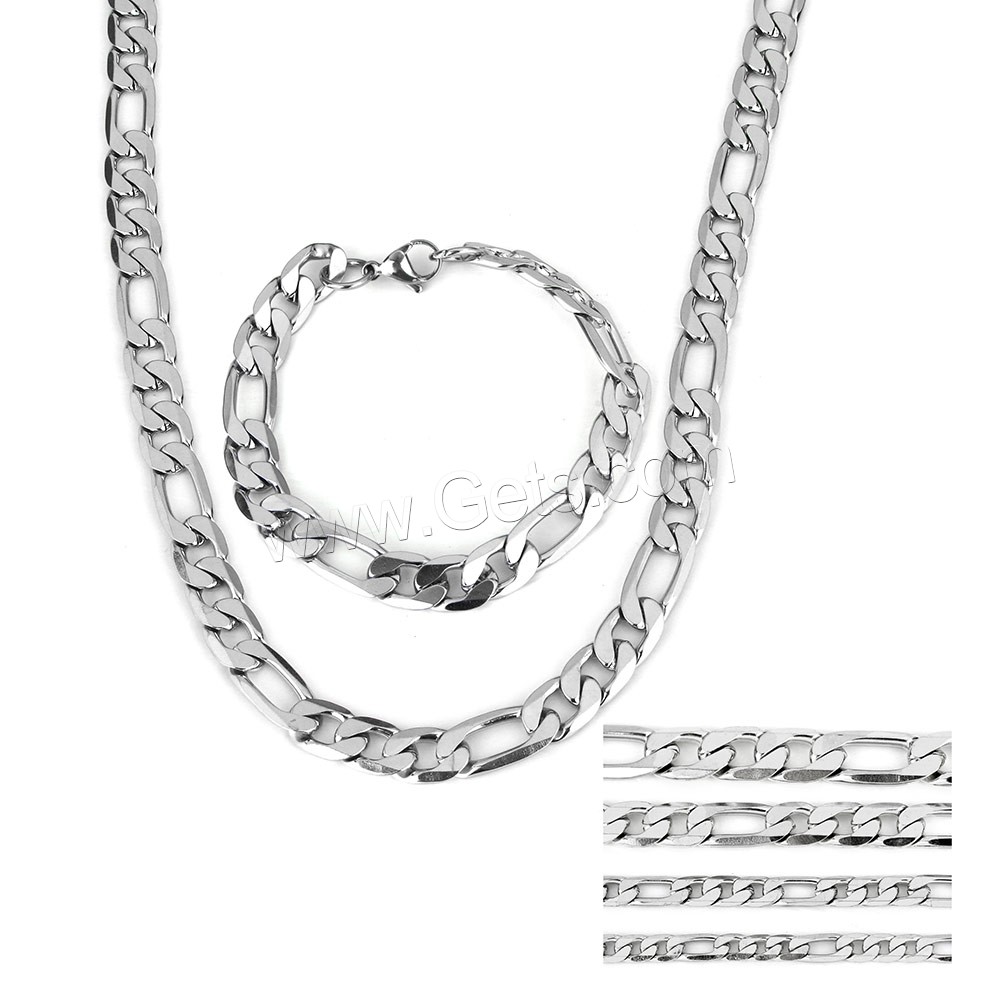 Refine Stainless Steel Jewelry Sets, bracelet & necklace, different size for choice & figaro chain, original color, Length:Approx 24 Inch, Approx 8 Inch, Sold By Set