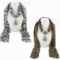 Polyester Long Pendant Scarf, with Zinc Alloy, Teardrop, platinum color plated & for woman & hammered 