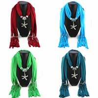 Polyester Long Pendant Scarf, with Zinc Alloy, Starfish, platinum color plated, for woman & with rhinestone 