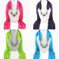Polyester Long Pendant Scarf, with Glass & Zinc Alloy, platinum color plated, for woman 
