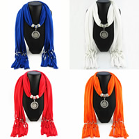 Polyester Long Pendant Scarf, with Zinc Alloy, Flat Round, plated, for woman & with rhinestone 