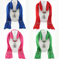 Polyester Long Pendant Scarf, with Zinc Alloy, Teardrop, platinum color plated, for woman & hammered 