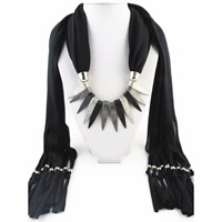 Polyester Long Pendant Scarf, with Zinc Alloy, plated, for woman & hammered, black 