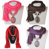 Polyester Long Pendant Scarf, with Resin & Zinc Alloy, Flat Oval, plated, for woman & with rhinestone 