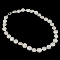 Natural Freshwater Pearl Necklace, brass spring ring clasp, Button Shape, white Approx 17 Inch 