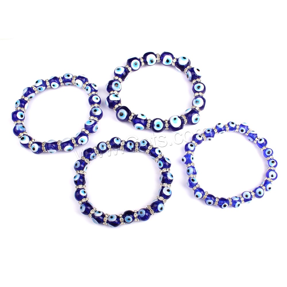 Evil Eye Lampwork Bracelets, with iron rhinestone spacer, platinum color plated, handmade & different size for choice & for woman, Length:Approx 7 Inch, Sold By Strand