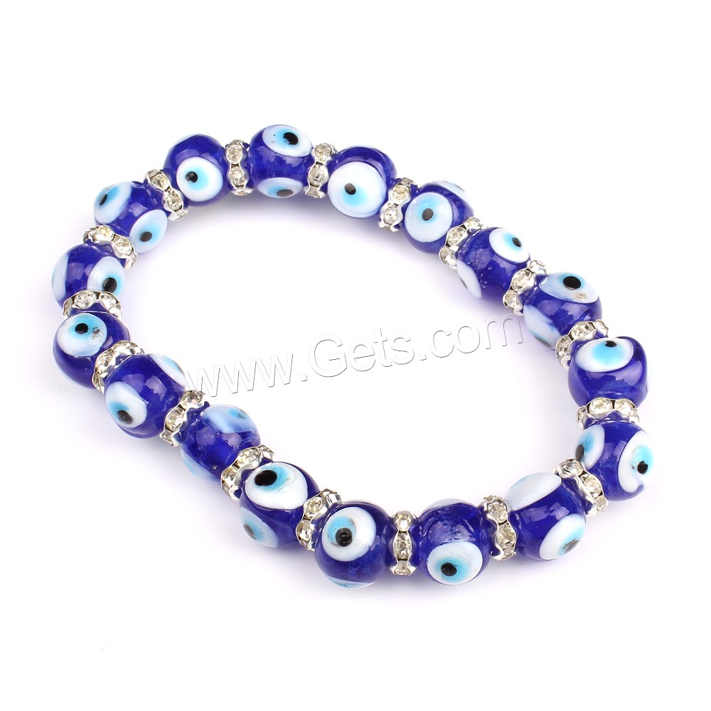 Evil Eye Lampwork Bracelets, with iron rhinestone spacer, platinum color plated, handmade & different size for choice & for woman, Length:Approx 7 Inch, Sold By Strand