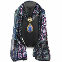 Chiffon Long Pendant Scarf, with Resin & Zinc Alloy, Teardrop, gold color plated, for woman & with rhinestone 