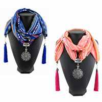 Chiffon Long Pendant Scarf, with Nylon Cord & Zinc Alloy, Flat Round, plated, for woman 