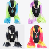 Polyester Long Pendant Scarf, with Resin & Zinc Alloy, Teardrop, platinum color plated, gradient color & for woman & with rhinestone 