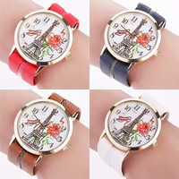 PU Leather Watch Bracelet, with Glass & Zinc Alloy, Chinese movement, gold color plated, for woman 25mm, 23mm Approx 9.5 Inch 