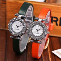 Women Wrist Watch, Cowhide, with Glass & Zinc Alloy, Chinese movement, plated, adjustable & for woman & with rhinestone 24mm, 12mm Approx 9 Inch 