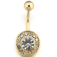 Stainless Steel Belly Ring, Flat Round, 14K gold plated, with rhinestone 