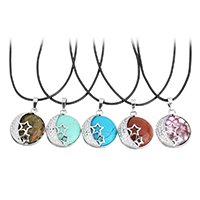 Gemstone Necklaces, with PU Leather & Brass, with 2lnch extender chain, Flat Round, platinum color plated, natural & with star pattern & for woman, nickel, lead & cadmium free 1.5mm Approx 17.5 Inch 