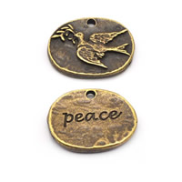 Zinklegierung flachovale Anhänger, Wort Frieden, antike Bronzefarbe plattiert, mit Brief Muster, frei von Blei & Kadmium, 24x19mm, Bohrung:ca. 1-1.5mm, verkauft von PC
