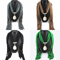 Polyester Long Pendant Scarf, with Shell & Zinc Alloy, Teardrop, platinum color plated, for woman 