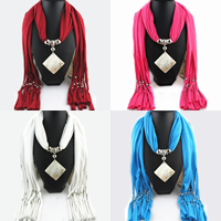 Polyester Long Pendant Scarf, with Shell & Zinc Alloy, Rhombus, platinum color plated, for woman 