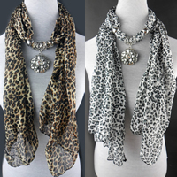 Polyester Long Pendant Scarf, with Zinc Alloy, Flower, plated, for woman & with rhinestone & leopard pattern 