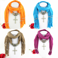 Polyester Long Pendant Scarf, with Zinc Alloy, Wrapped Cross, plated, for woman & with rhinestone 