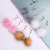 Fashion Feather Earring , Zinc Alloy, with Marten Hair, 316L stainless steel post pin, gold color plated, without earnut & with rhinestone 
