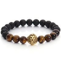 Lava Bead Bracelet, with Tiger Eye & Zinc Alloy, Lion, antique gold color plated, natural, 8mm Approx 7 Inch 