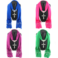 Polyester Long Pendant Scarf, with Zinc Alloy, Cross, plated, for woman & with rhinestone 