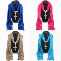 Polyester Long Pendant Scarf, with Glass Pearl & Zinc Alloy, Cross, plated, for woman & with rhinestone 