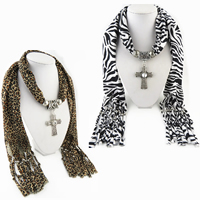 Polyester Long Pendant Scarf, with Zinc Alloy, Cross, plated & for woman & with rhinestone 