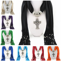 Polyester Long Pendant Scarf, with Zinc Alloy, Cross, plated, for woman & with rhinestone 