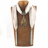 Polyester Long Pendant Scarf, with Lampwork & Zinc Alloy, Teardrop, platinum color plated, for woman & colorful powder 