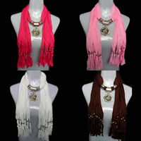 Polyester Long Pendant Scarf, with Zinc Alloy, Flower, plated, for woman & with rhinestone 