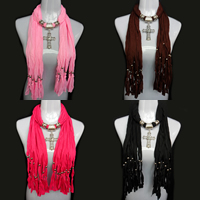 Polyester Long Pendant Scarf, with Zinc Alloy, Cross, platinum color plated, for woman & with rhinestone 