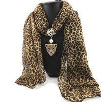 Cotton Long Pendant Scarf, with Glass Pearl & Zinc Alloy, Leopard, plated, for woman & enamel & with rhinestone & leopard pattern 