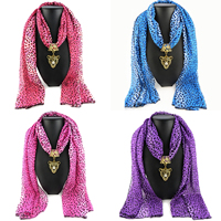Chiffon Long Pendant Scarf, with Zinc Alloy, Leopard, gold color plated, for woman & enamel & with rhinestone & leopard pattern 1350-1750mm 