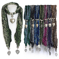 Voile Fabric Long Pendant Scarf, with Zinc Alloy, Heart, platinum color plated, for woman & leopard pattern 